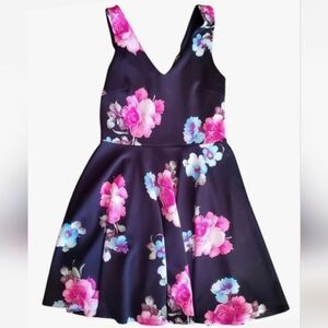 Womens Large Aqua Sleeveless Floral Mini Dress